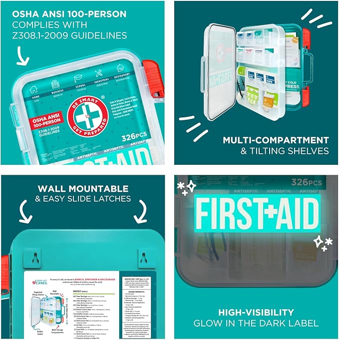 Be Smart Get Prepared First Aid Kit, Teal, 326 Piece, Exceeds OSHA and ANSI Guidelines 100 People - Office, Home, Car, School, Emergency, Survival, Camping, Hunting and Sports