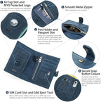CONTACTS Full Grain Leather Passport Holder Compatible with Airtag RFID Blocking Passport Wallet Travel Slim Passport Cover with SIM Card Removal Tool (Blue)