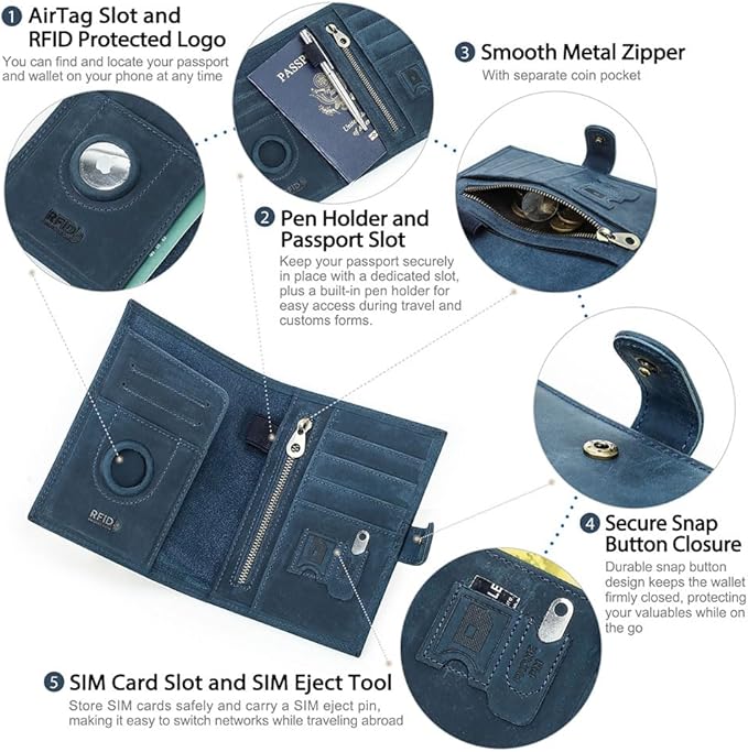 CONTACTS Full Grain Leather Passport Holder Compatible with Airtag RFID Blocking Passport Wallet Travel Slim Passport Cover with SIM Card Removal Tool (Bagde, Blue)