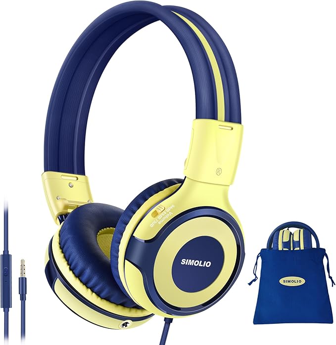 SIMOLIO Kids Headphones with Microphone, 75dB-85dB-94dB Volume Limited Children Headphone with Share Port, On-Ear Wired Headset for PC, Tablet, Airplane Travel(Yellow)