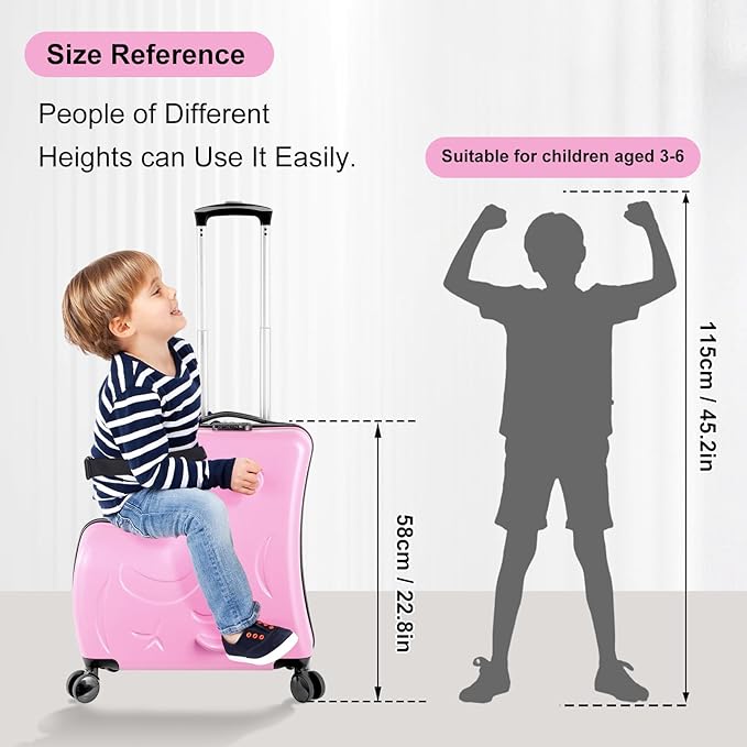 24 Inch Kid Ride Suitcase,Kid Luggage Seat Ride With Lock - Kids Travel Trolley With Safety Belt, Kids Luggage With Wheels Child Stroller Spinner Luggages, ABS+PC (Pink, 6-12 Years)