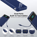 Portable Charger with Built-in AC Plug and Cables,13800mAh All in One USB C Fast Charging Power Bank,Travel Essentials Portable Phone Charger Battery Pack for iPhone 17/16/14,Galaxy,Android-Dark Blue