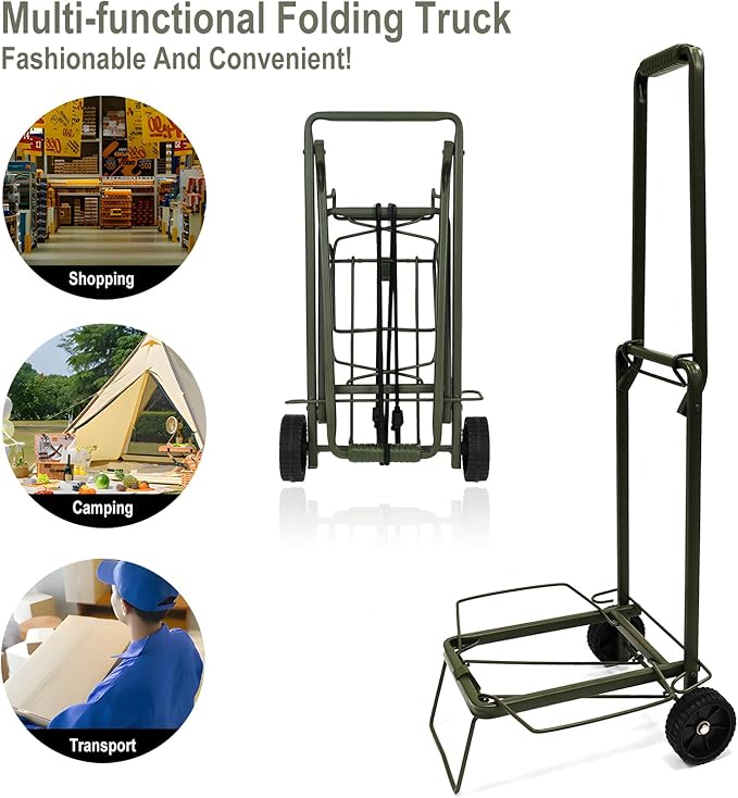 Folding Hand Truck Dolly Lightweight Aluminum Luggage Cart - 100lbs Capacity with Elastic Bungee Cord for Travel & Shopping