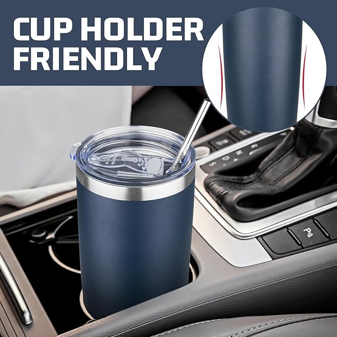 20 oz Tumbler with Lids and Straws, Stainless Steel Insulated Travel Coffee Mug, Double Wall Vacuum Insulated Tumblers, Powder Coated Coffee Tumbler for Cold & Hot Drinks (Navy Blue)