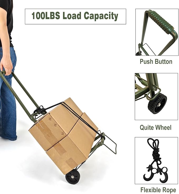 Folding Hand Truck Dolly Lightweight Aluminum Luggage Cart - 100lbs Capacity with Elastic Bungee Cord for Travel & Shopping