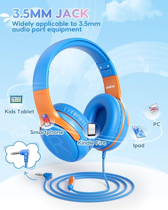 awatrue Kids Headphones Wired Toddler Headphones with Microphone, Over-Ear Headphones, 85/94dB Volume-Limiting, 3.5mm Jack, Foldable On-Ear Design - Safe & Comfortable for Learning & Entertainment