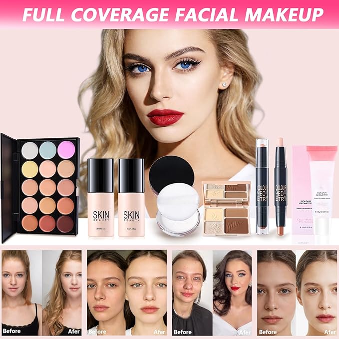 All-in-One Makeup Kit for Women Full Kit, Makeup Gift Set for Women Teens Girls, Makeup Essential Bundle Includes Eyeshadow Foundation Lipsticks Mascara Eyeliner Contour Stick Cosmetic Brush Set