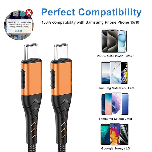 Durcord USB C to USB C Cable, 2Pack 100W 6ft USB C Charger Cable Fast Charging for Android/Phone/Pad, Type C to Type C Charger Braided USB Cable Compatible with iPhone 16/15 Pro Plus Max Orange