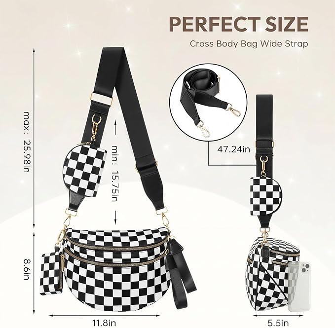 Cross Body Bag for Women Checkered Crossbody Bags Bum Bags for Women Fanny Packs for Girls Small Nylon Checkered Purse Trendy Shoulder Bag (RS-YB-Checkered Black White, One Size)