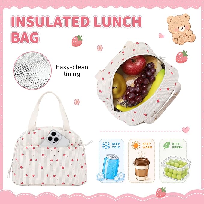 PIG PIG GIRL Corduroy Backpack 3PCS Kids Backpack for Girls School Bags for Middle School Students Book Bag for Elementary Primary Kawaii Ita Backpack with Lunch Box Pencil Case Set, Beige Strawberry