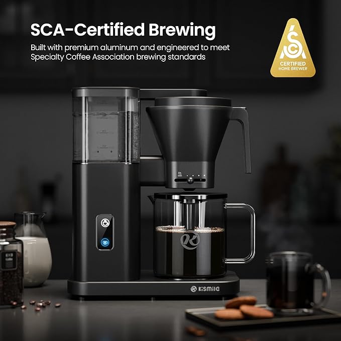 Kismile SCA-Certified 8 Cup Drip Coffee Maker, Pour Over Coffee Machine with 3s Instant Heat 197–205℉, Adjustable Flow Control, Removable Water Tank, Deep Cold Brew & 40 Min Keep Warm (Black)