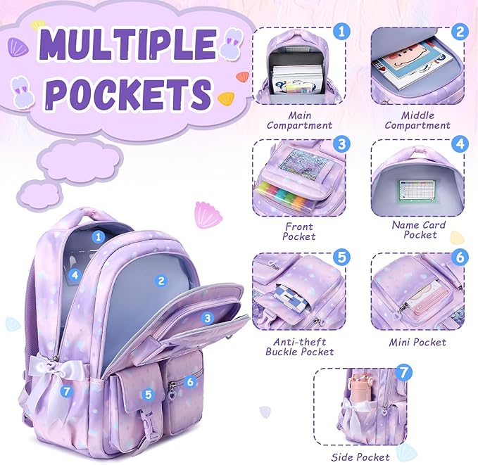 PIG PIG GIRL Kids Backpack for Girls - School Bags for Middle School Students - Book Bag for Elementary Primary - Kawaii Ita Backpack - Purple Shell