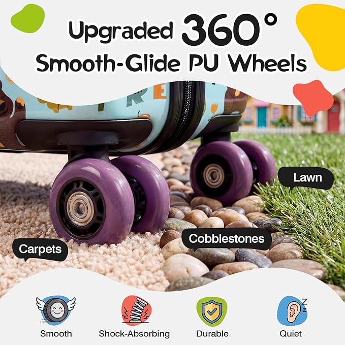 smilesun 20" Ride-On Suitcase for Kids, Cute Pattern, Lightweight Hardshell Carry-On Luggage with Double Spinner Wheels, TSA Lock for Boys & Girls（Green）