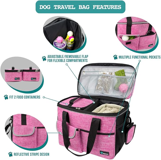 PetAmi Dog Travel Bag, Travel Pet Bag Organizer, Dog Food Travel Bag with Container Collapsible Bowls, Pet Travel Supplies Gift Accessories for Weekend Camping, Puppy Cat Diaper Bag, Pink Medium