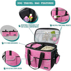 PetAmi Dog Travel Bag, Travel Pet Bag Organizer, Dog Food Travel Bag with Container Collapsible Bowls, Pet Travel Supplies Gift Accessories for Weekend Camping, Puppy Cat Diaper Bag, Pink Medium
