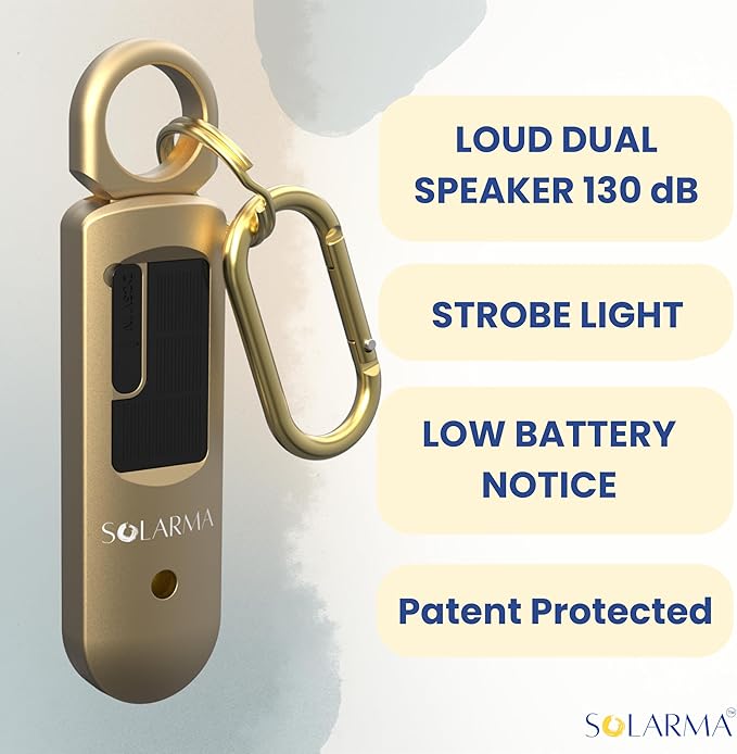 HerTime2 Personal Safety Alarm for Women - Loud Self Defense Siren, Waterproof Keychain with Strobe Light - Solar Rechargeable, Gold