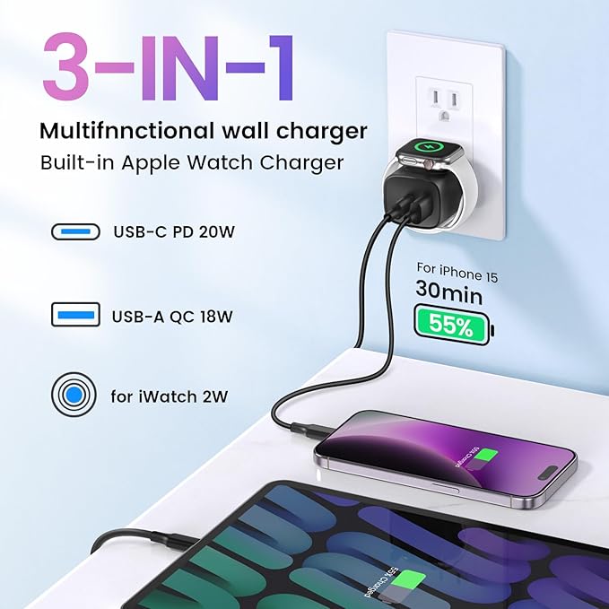 TOPADRE PD 20W USB C Charger Block for Apple Watch,3-in-1 Charging Station with Built-in Wireless Charger, Dual Ports Compatible with Apple Watch, iPhone, AirPods, White