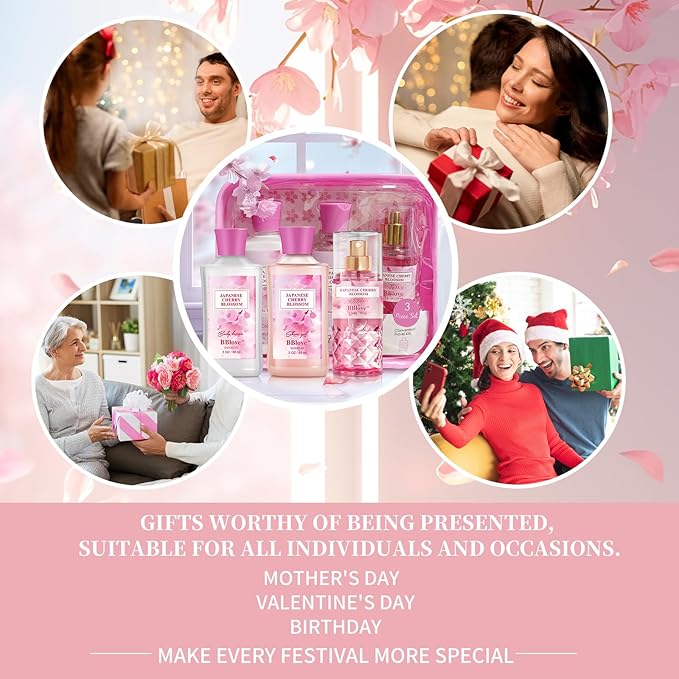 Bath and Body Gift Set for Women and Girls, 3PC Travel Size Self Care Spa Kit with Shower Gel, Body Lotion & Body Mist, Japanese Cherry Blossom Floral Scent, Gift for Teens Mom Bride Friends