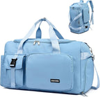 Eslcorri Gym Duffle Bag for Women Men, Sports Backpack with Wet & Shoe Compartment, Fitness Overnight Weekender Bag for Yoga, Swim, Travel (B, Light Blue)