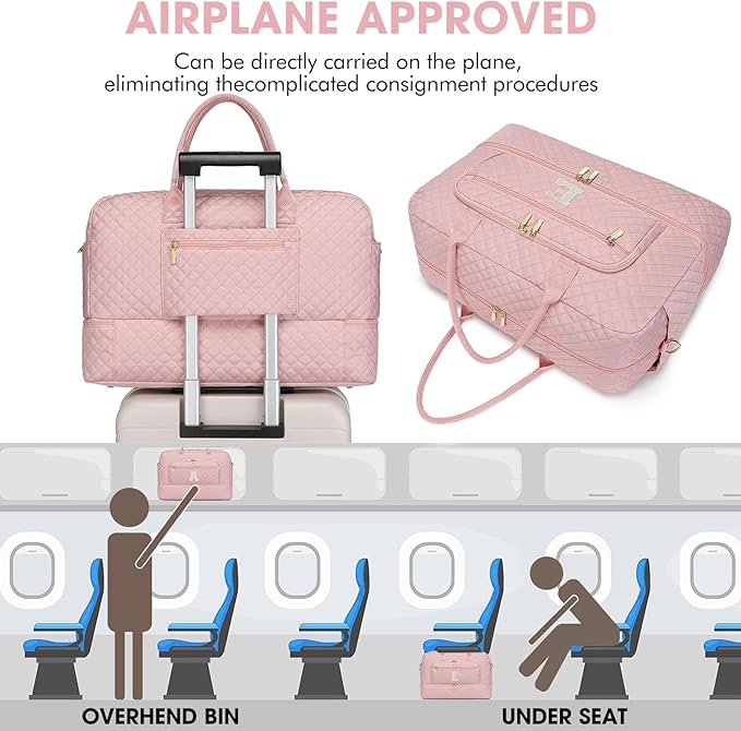 Initial Travel Duffle Bag for Women - Pink Personalized Weekender bags Overnight Bag with Shoe Compartment & Wet Pocket Weekend Tote Bags with Toiletry Bag Monogram Christmas Gifts (Letter E)