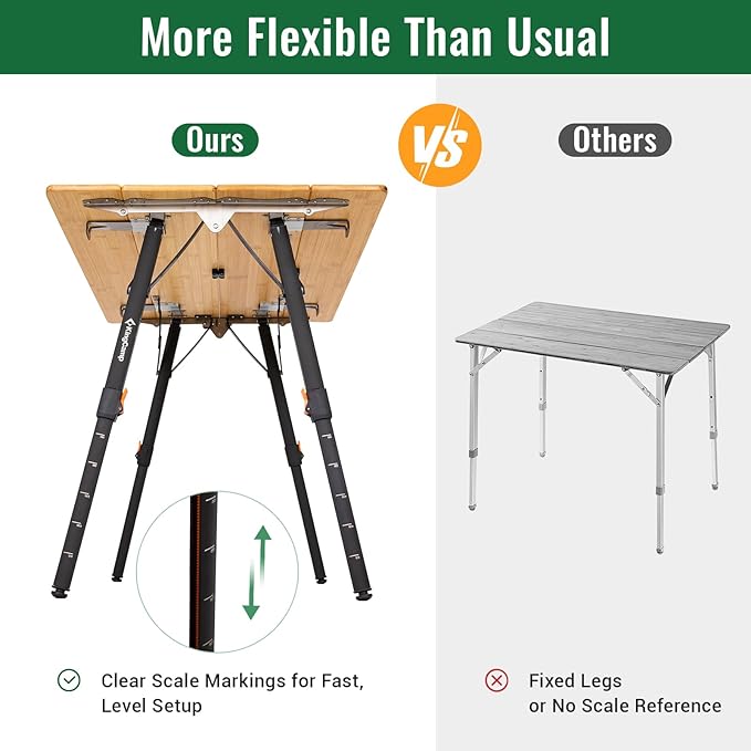 KingCamp Bamboo Folding Table, 4-Fold Camping Adjustable Height Portable Outdoor Lightweight & Compact Table with Aluminum Frame for RV Picnic BBQ Tailgating