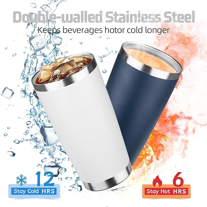 20 oz Tumbler with Lids and Straws, Stainless Steel Insulated Travel Coffee Mug, Double Wall Vacuum Insulated Tumblers, Powder Coated Coffee Tumbler for Cold & Hot Drinks (White, 6 Pack)