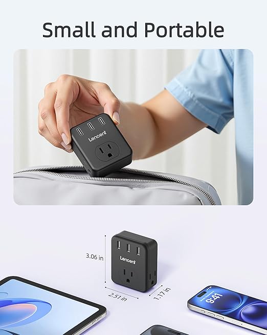 LENCENT Multi Plug Outlet Extender, 2 Pack, USB Brick, 3 Outlets Splitter with 3 USB Ports, Wall Charger, 3 Prong Power Charging Box Expander for Home, Office, Hotel - Black