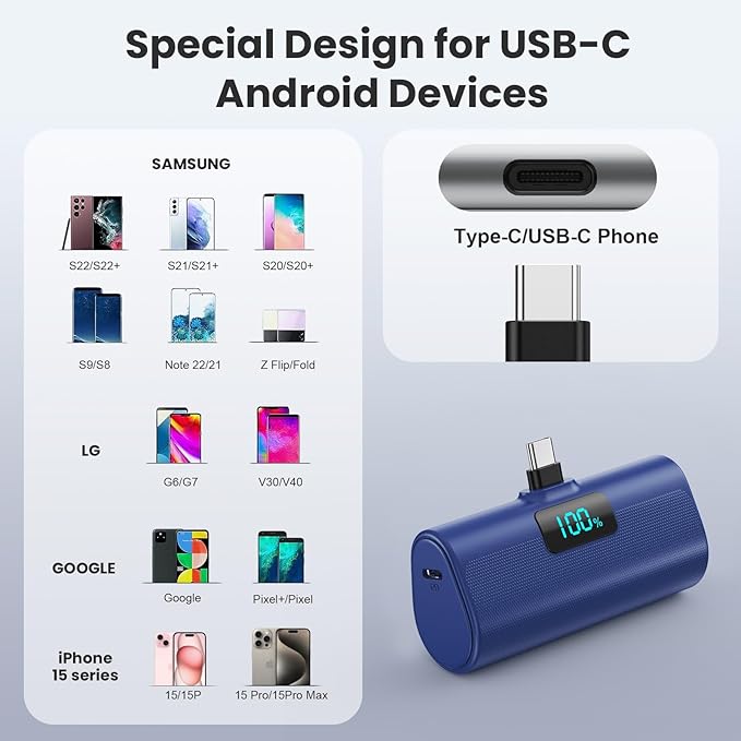 [2-Pack]Portable Charger for iPhone 16/15 Series,5200mAh PD USB C Power Bank Built-in USB-C Connector,Battery Pack Compatible with iPhone 16/16 Plus/16 Pro/16 Pro Max/15 Series,Android (Pink+Blue)