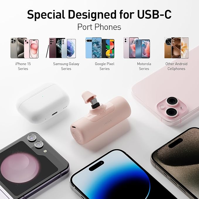 iWALK Portable Charger for iPhone 15/16/17, Power Bank with Build-in USB C Connector, 4,500mAh Battery Pack Phone Charger for iPhone Series, Samsung S22/23/24 Series and Android, Pink