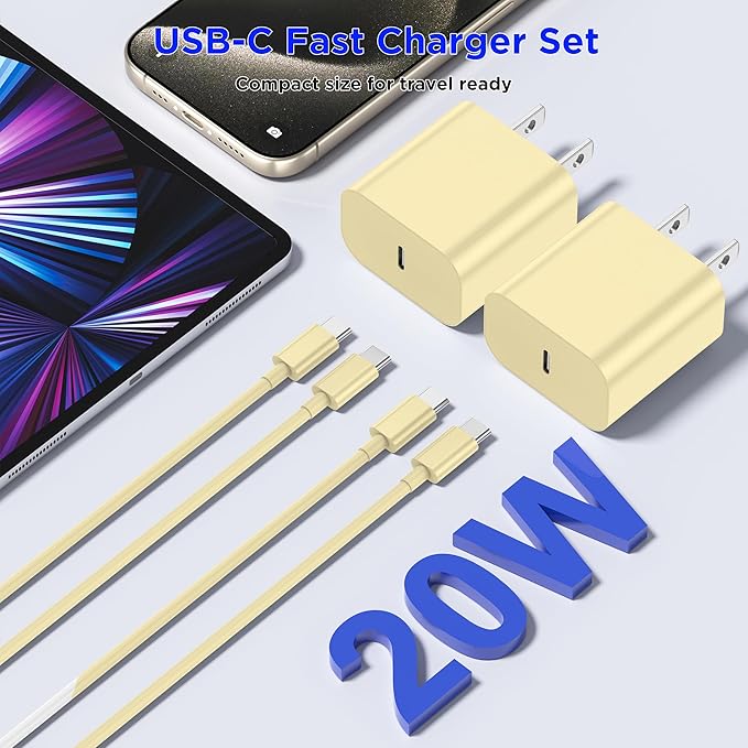 iPhone 17 16 15 Charger Fast Charging,2Pack 20W Apple iPad USB C Wall Chrager Block with 6FT USB C to C Cable for iPhone 17/Pro/Pro Max/17 Air/ 16/16 Pro/16 Pro Max/15/Plus/Pro/Pro Max (Yellow)