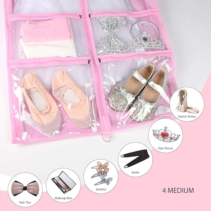 Syeeiex 3" Gusseted Clear Dance Costume Garment Bag(5 Pack), 40'' Dance Garment Bags for Dancers with 4 Zipper Pockets & Can Hold 1-3 Dance Costumes - Suitable for Dance Competitions, Ballet(Pink)