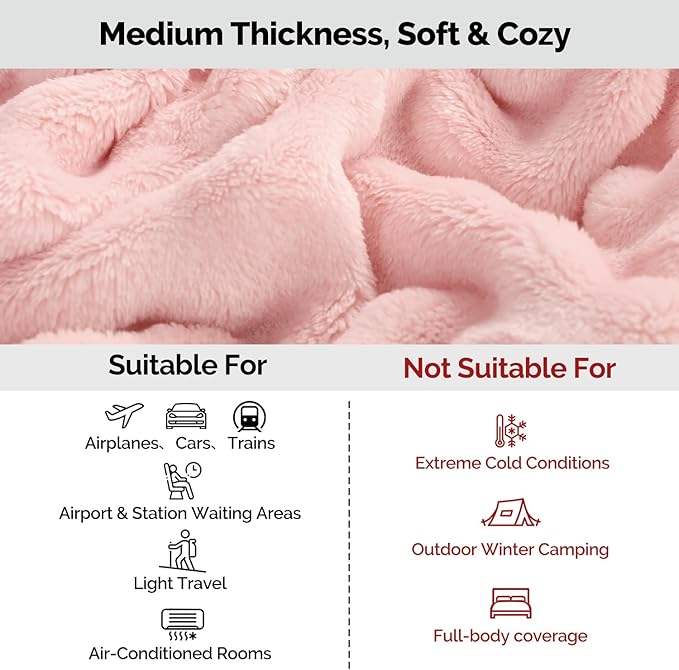 Pink Travel Blanket for Airplane, Soft Lightweight Flannel Blanket, Compact & Portable with Storage Bag, Luggage Strap & Clip, Cozy Travel Essential for Flights, Road Trips & More,40.7" x 64.1"