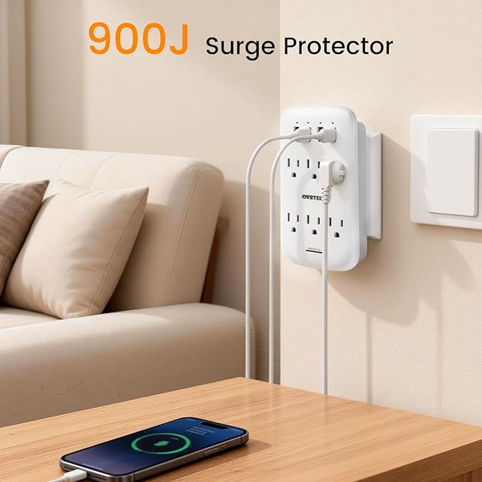 oviitech 6 Outlet Extender with 4 USB Charging Ports(4.2A Total),Wall Mount Outlet Plugs 900 Joules Wall Surge Protector and Top Phone Holder,ETL Listed,White.