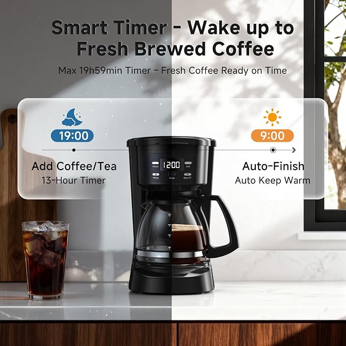 Coffee Maker, 5 Cup Drip Coffee Machine with Glass Carafe, 20 Hours Programmable Timer, 2 Hours Keep Warm, Compatible with Ground&Tea – Portable Small Cafetera for Home, Office, Travel&Camping-Black