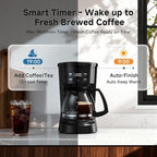 Coffee Maker, 5 Cup Drip Coffee Machine with Glass Carafe, 20 Hours Programmable Timer, 2 Hours Keep Warm, Compatible with Ground&Tea – Portable Small Cafetera for Home, Office, Travel&Camping-Black