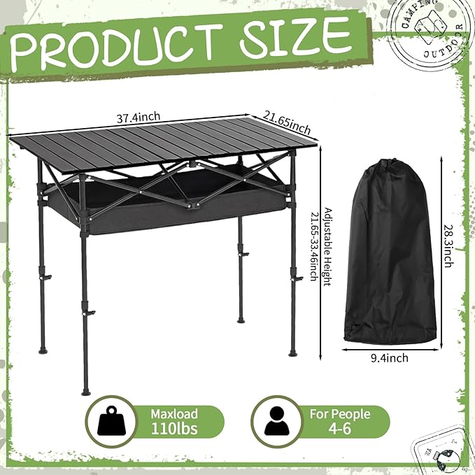 Briwooody 2 Pack Portable Folding Camping Table, Adjustable Height Aluminum Roll-Up Outdoor & Indoor Picnic Table with Large Carry Bag for Beach, BBQ, Travel & Backyard(37.4 x 21.65 Inches)