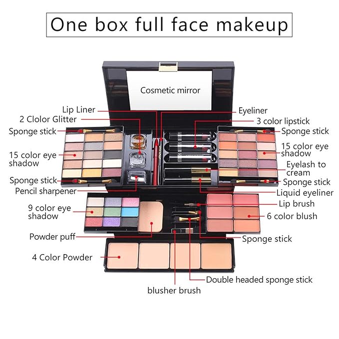 FantasyDay 54 Colors All in one Makeup Gift Set Holiday Birthday Beauty Cosmetic Essential Starter Bundle Include 39 Eyeshadow Palette, 6 Blush, 6 Sponge Stick, 4 Compact Powder, 3 Lipstick, Eyeliner