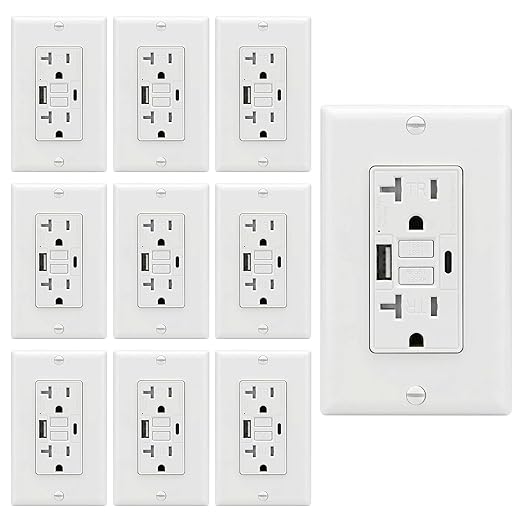 20 Amp GFCI Outlet with USB-A & USB-C Ports, Tamper-Resistant Receptacle, Automatic Self-Test & LED Indicator, in-Wall Installation, Wall Plate Included, ETL Listed, White, 10 Pack