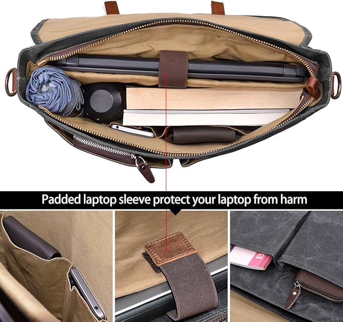 Mens Messenger Bag 15.6 Inch Waterproof Vintage Genuine Leather Waxed Canvas Briefcase Large Satchel Shoulder Bag Rugged Leather Computer Laptop Bag, Grey