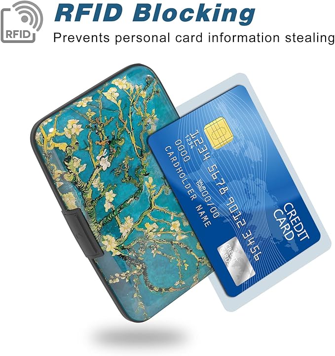 Credit Card Holder, Mini Aluminum Card Wallet RFID Blocking Slim Metal Hard Card Case for Women Men, Almond Blossom