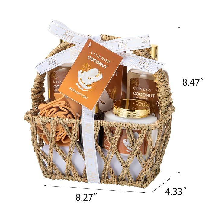 Mother's Day Gift Basket for Women, Gifts for Women - 7Pcs Coconut Bath and Body Spa Gift Basket for Women & Men Self Care Spa Kit | Valentines Day, Fathers Day, Birthday, Christmas Gifts for Her Him