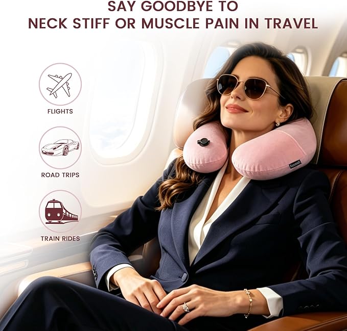 Keemall Inflatable Travel Pillow, Premium Soft Pink Velvet Neck Pillow, Washable Lightweight Portable Travel Essentials for Flight Road Trip Camping Office, Ideal Travel Gift for Women Girls