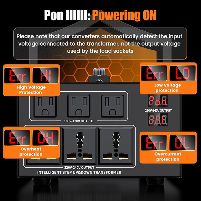 1000W Voltage Converter Transformer Step Up 110V/120V to220V/240V or Step Down 220V to 110V AC Power Converte, Circuit Breaker Protection, 2 US sockets, 2 Universal sockets, LCD Display