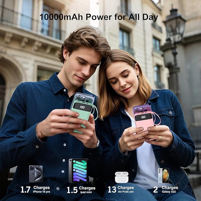 Portable Charger Built-in Cables,10000mAh Power Bank for iPhone,Fast Charge USB C Battery Pack Travel Essentials Slim Lightweight Powerbank Compatible with iPhone 17/16/15/14, Samsung, Android, etc