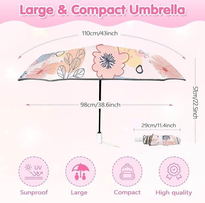 Kids Folding Umbrella Auto Open/Close Umbrellas for Rain Round Corner Safe Design UV Resistant Automatic Children Travel Umbrellas Reinforced Canopy 360° Reflective Strip Lightweight for Girls & Boys