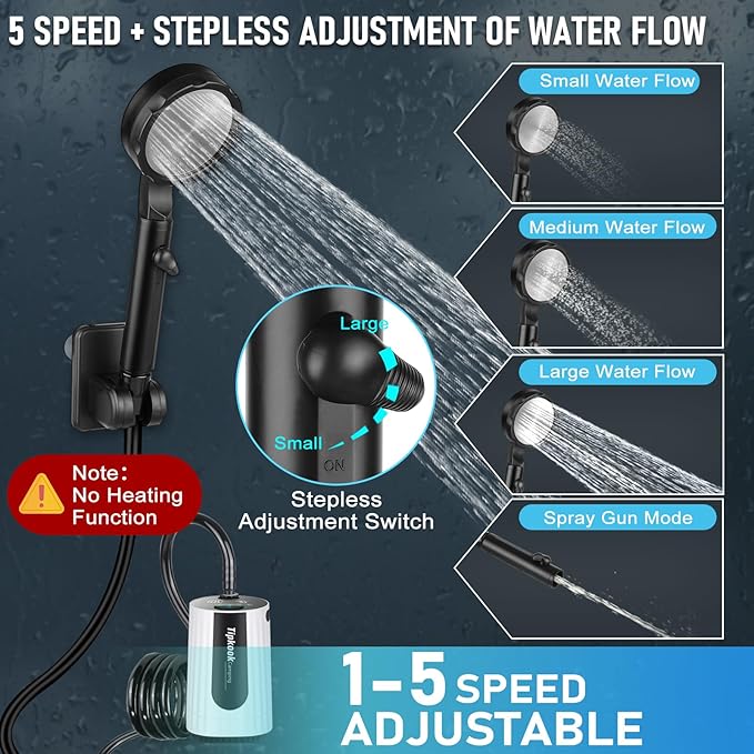 Portable Shower for Camping Essentials: 10000mAh Rechargeable Battery Powered Shower, IPX8 Waterproof Camp Shower Pump, 5-Speed Outdoor Shower with LED Display, Camping Gifts for Men, Dog Bath, Hiking