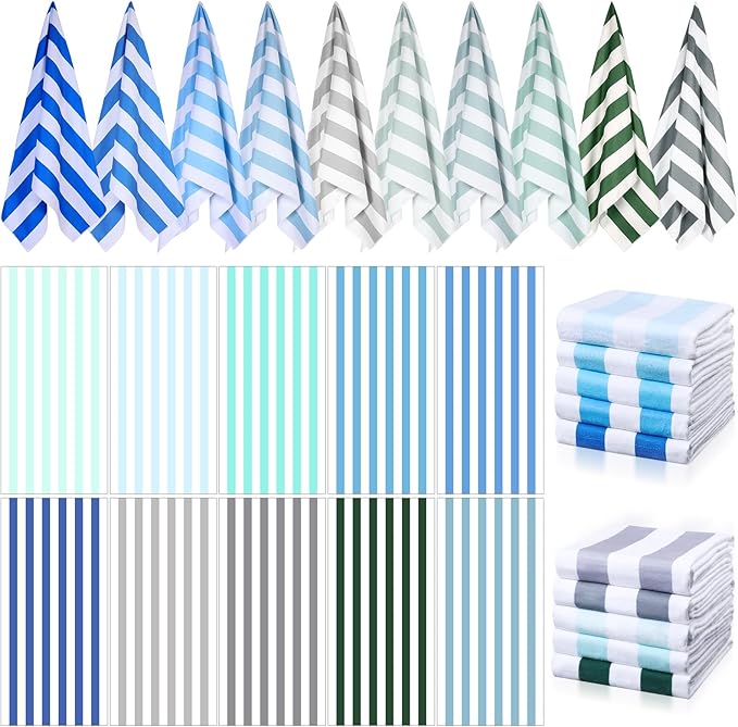 EBOOT 10 Pack Oversized Beach Towel Set Extra Large Pool Towels Microfiber Quick Dry Swim Blanket for Adult Women Men Face Hand Body Bath Travel Pool(Plain Color,36 x 72 Inch,Cabana Stripe)