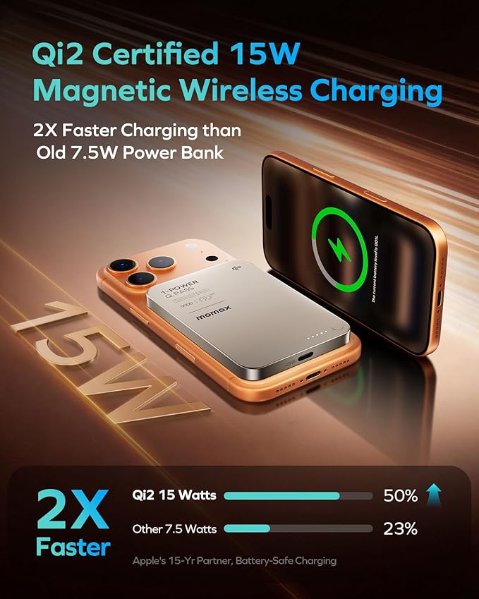 MOMAX (2026 NEW) Magnetic Portable Charger Slim 0.37", 5000mAh Qi2 Certified 15W Fast Charging Power Bank iPhone Air MagSafe Battery Pack Designed for iPhone 17 Pro Max/17 Pro/Air/16/15/14/13/12