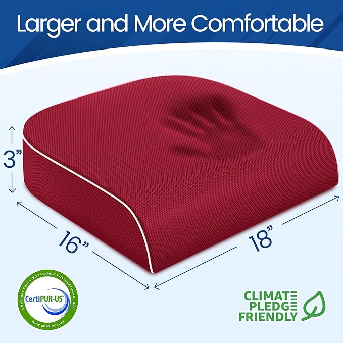 SweetSlubr Seat Cushion for Tailbone Pain Relief, Office Chair Cushion, Memory Foam Large Chair Cushion with Non-Slip Cover for Soft Support at Office Chair, Car Seat, Airplane Red/Large