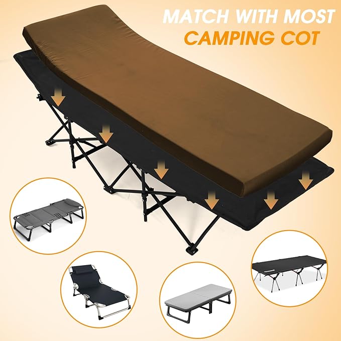 CYMULA Camping Cot Mattress 2in Memory Foam Sleeping Pad,Soft Warm Non-Slip Camping Mattress Topper with Retaining for Adults,Portable Roll up Pad for Travel（only Mattress）